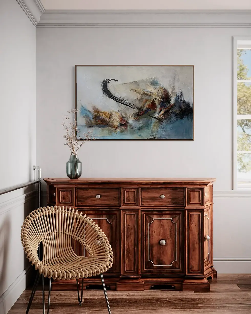 Miniature : Œuvre abstraite encadrée au-dessus d’un buffet en bois ambiance chaleureuse