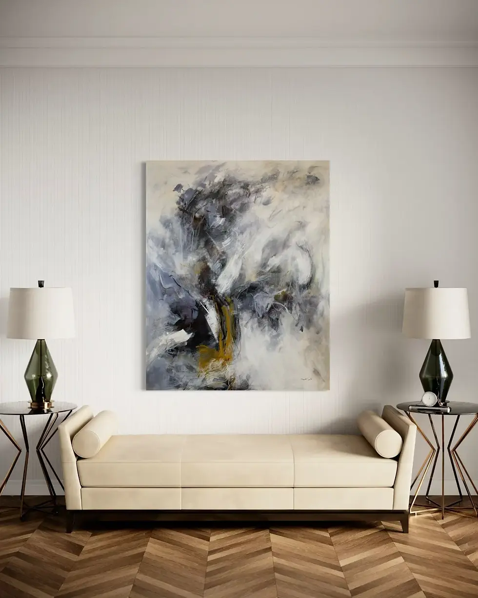 Thumbnail: Peinture abstraite encadrée présentée dans un intérieur moderne avec mobilier élégant et ambiance épurée