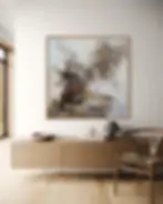 Œuvre abstraite contemporaine lumineuse présentée en intérieur avec encadrement.
