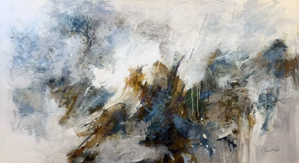 La part ardente de Mariclair Plante, peinture abstraite en techniques mixtes aux bleus profonds et tons terreux
