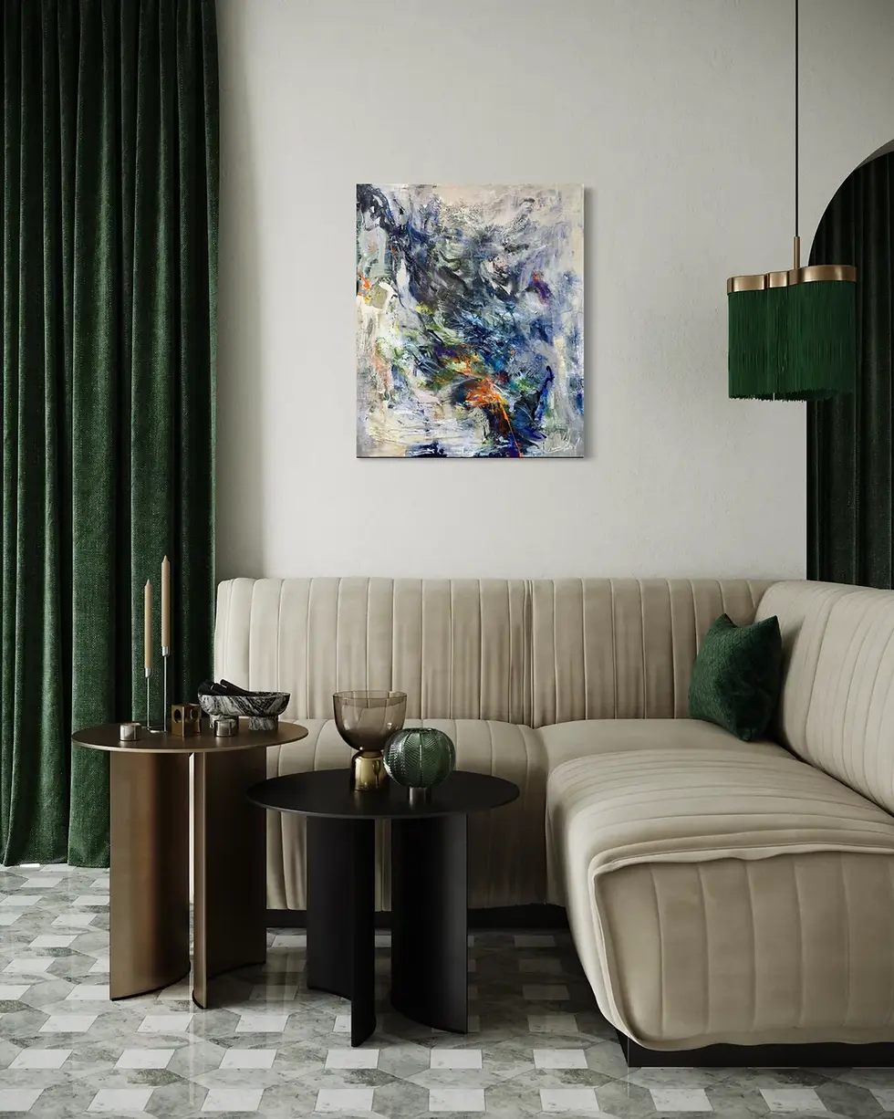 Miniature : Œuvre abstraite 36x30 po sur mur blanc au-dessus de fauteuils gris modernes.