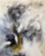 Peinture abstraite contemporaine grand format aux tons gris, blanc et ocre, avec gestes fluides et matière expressive, par Ma