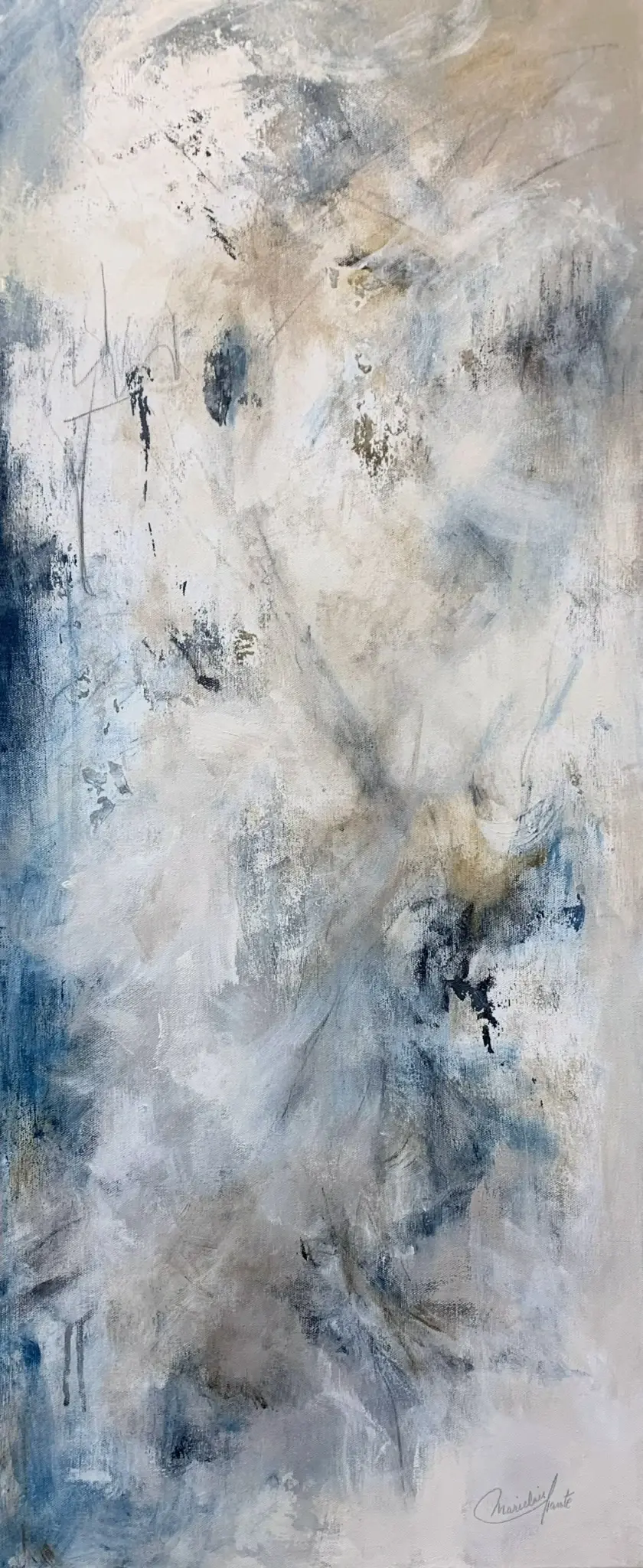 Œuvre abstraite contemporaine de Mariclair Plante aux bleus grisés et lumière verticale