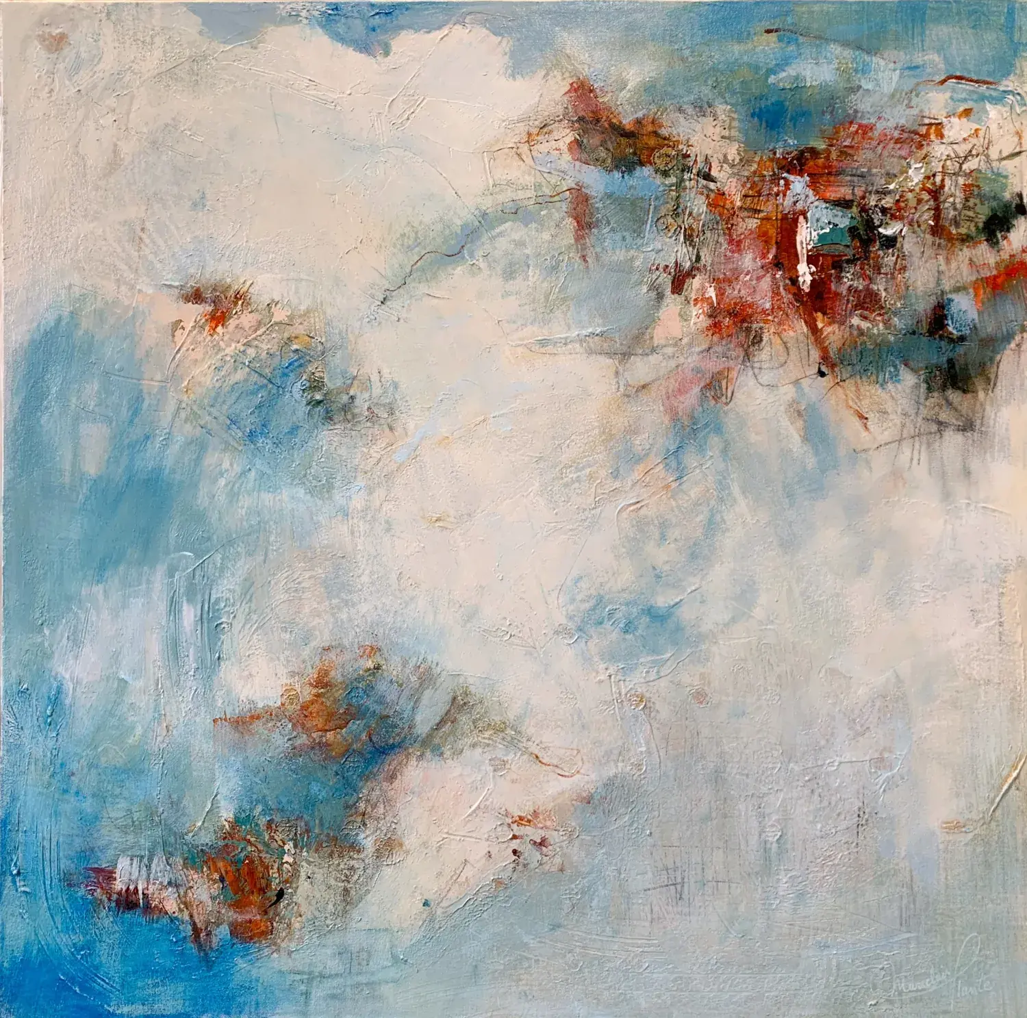 Air nomade, tableau abstrait 30x30 pouces, blancs bleus et rouges avec texture