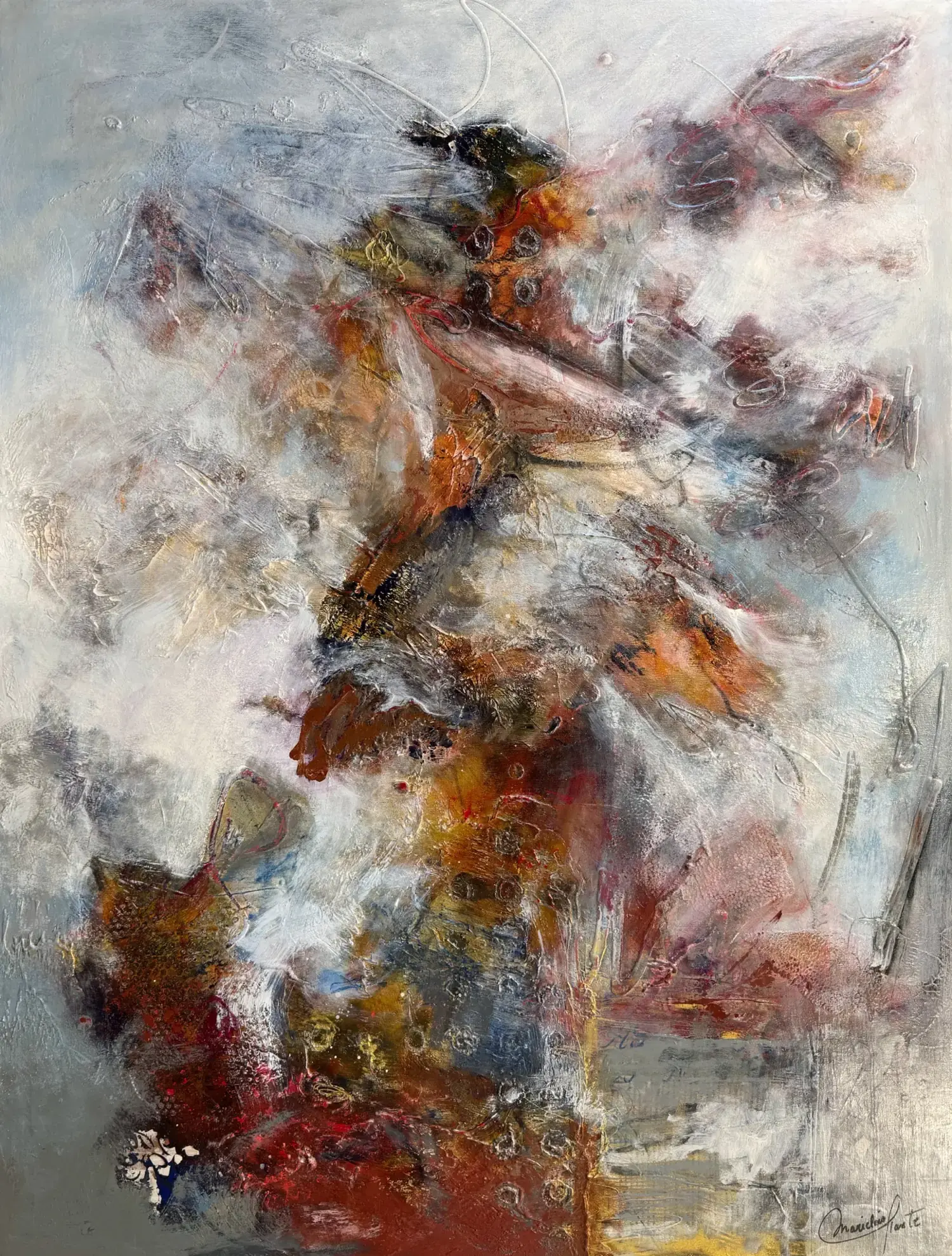 Œuvre abstraite contemporaine de Mariclair Plante aux textures riches et couleurs oxydées.
