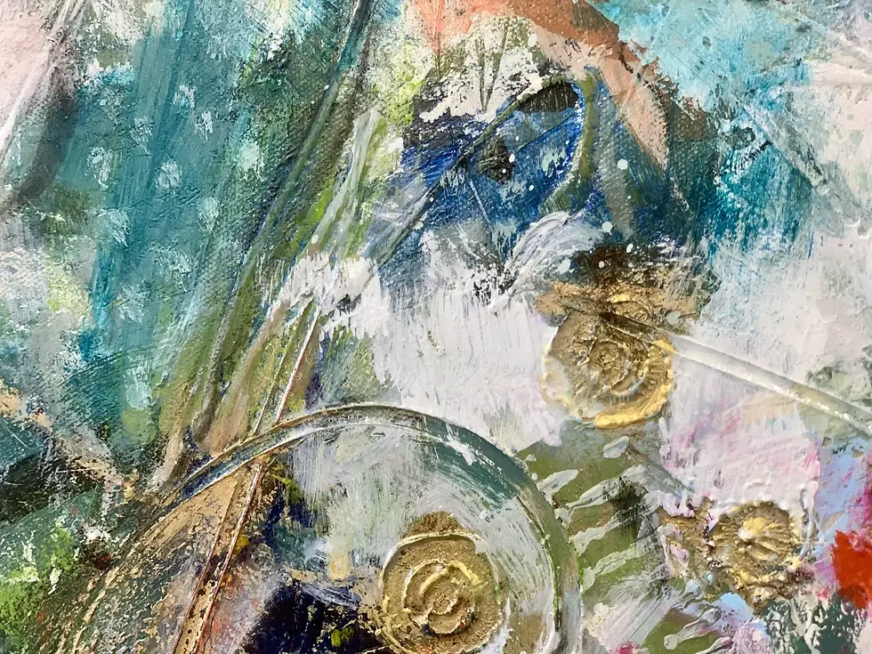 Thumbnail: détails dorés-Eveil de la nature-tableau abstrait grand format de l'artiste Mariclair Plante Canada