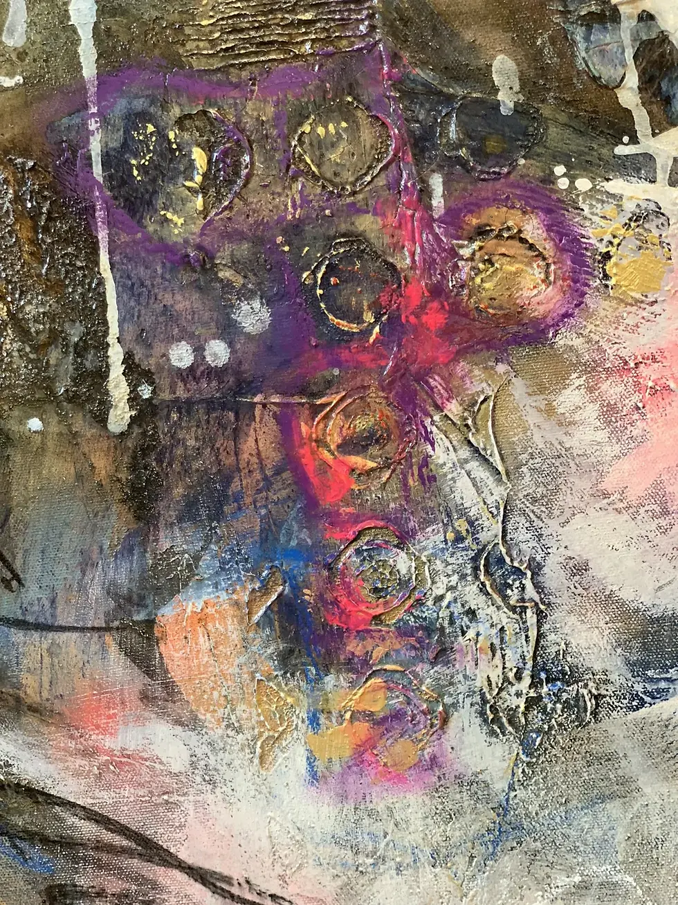 Thumbnail: L'esprit Don Quichote- détails-tableau abstrait de l'artiste peintre Mariclair Plante