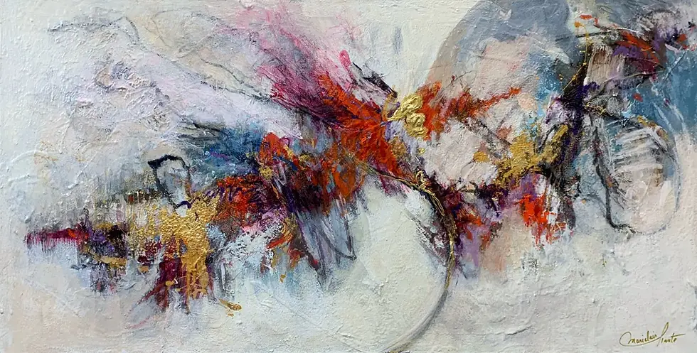 Peinture abstraite contemporaine « Tempête intime » de Mariclair Plante, format horizontal, textures riches, rouges, bleus et