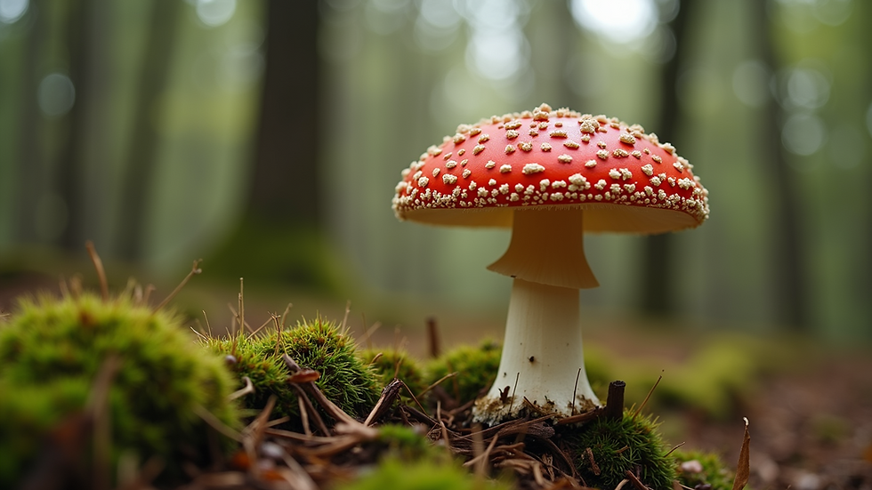 Close-up view of vibrant Amanita muscaria mushroom in a forest setting