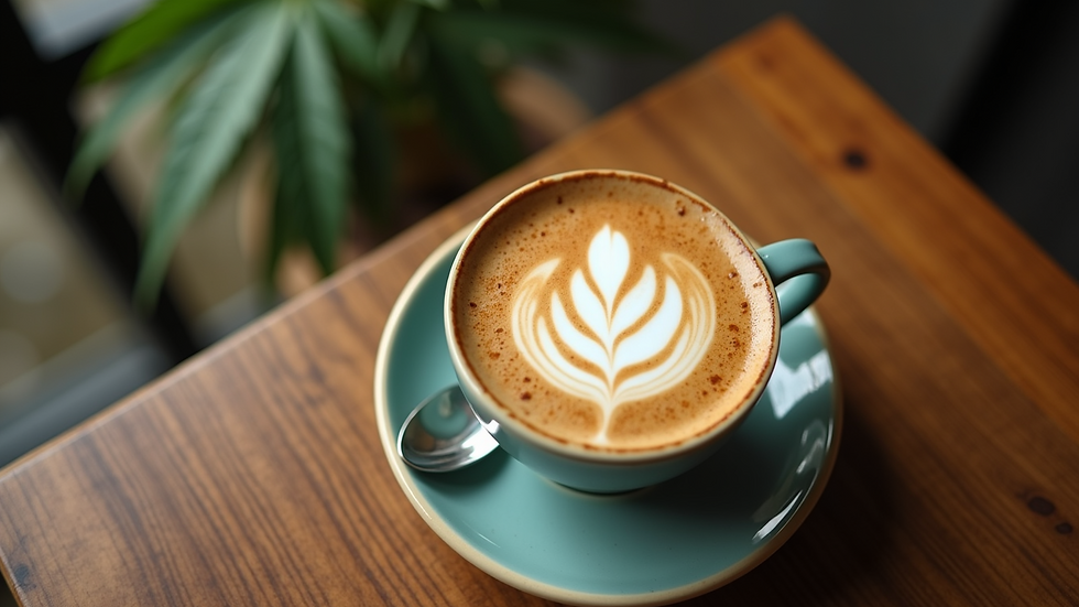 High angle view of a cannabis-infused latte with latte art on a wooden table