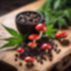 Nature’s essentials — Haitian coffee beans, fresh cannabis, and Amanita muscaria