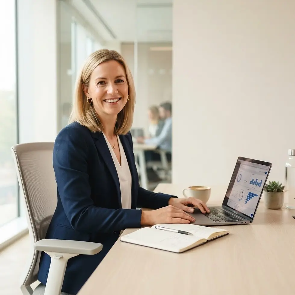 Corporate photography of a smiling businesswoman working on a laptop in a modern office. She is looking at the camera with a professional demeanor.