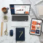 Overhead photography of a modern desk setup showcasing marketing tools and planning documents. The scene includes a laptop, tablet, notebook, and office supplies, suggesting digital marketing strategy.