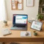 Studio photography of a modern home office desk setup with a laptop displaying charts, a tablet, and workspace essentials. Bright and organized with a productive feel.