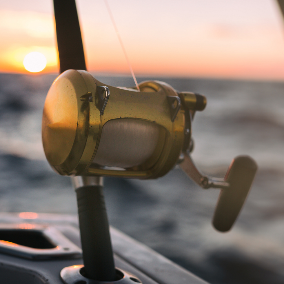 Close-up of a deep-sea fishing reel against a stunning Playa Akumal sunset, highlighting top activities for adventure seekers with FishAndTripTours.