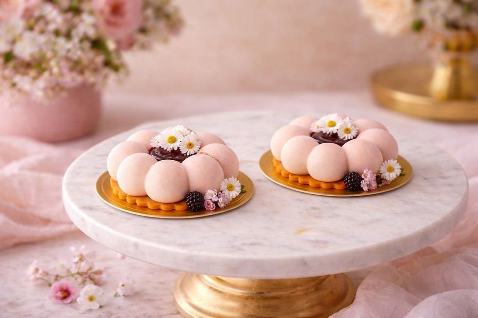 Mousse de vainilla y mora con forma de flor, acabado aterciopelado, adornado con detalles florales y moras, presentado en un sofisticado platillo dorado.
