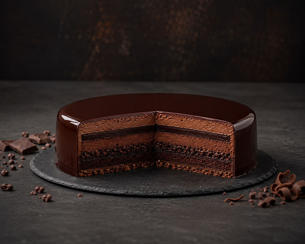 Entremet de chocolate con múltiples texturas y un elegante glaseado espejo, presentado en una base de pizarra, destacando su intrincada capa en un corte perfecto.