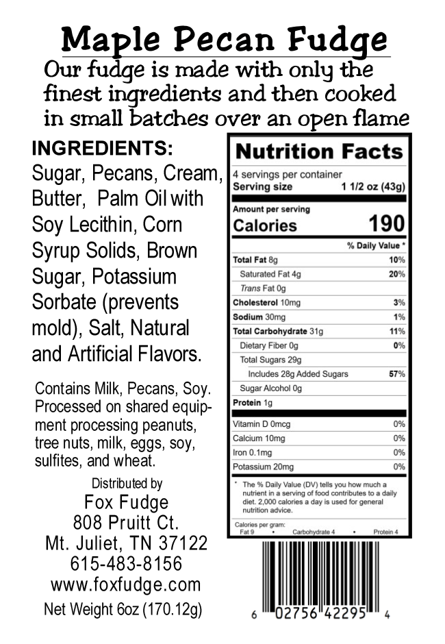 Thumbnail: Maple Pecan Fudge Nutritional Label