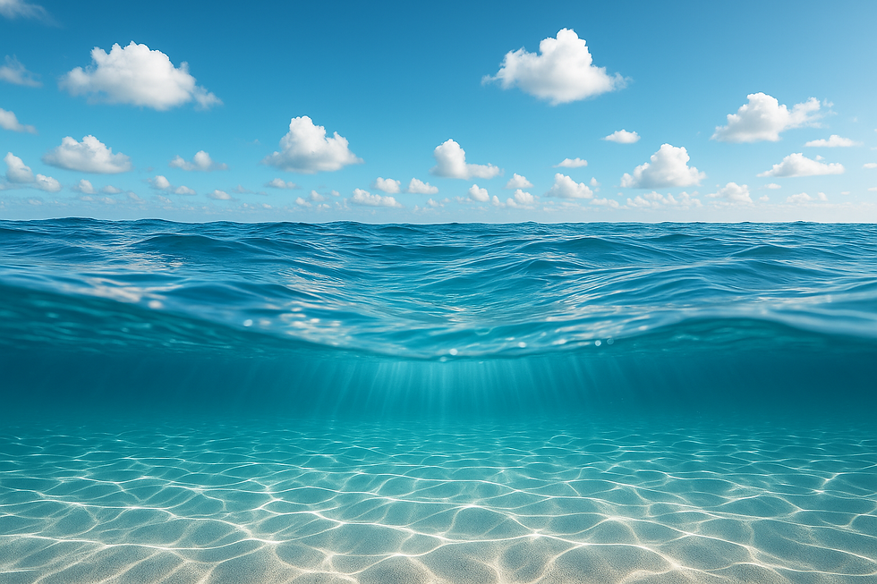 Half-underwater close-up of turquoise ocean waves beneath a blue sky with scattered clouds
