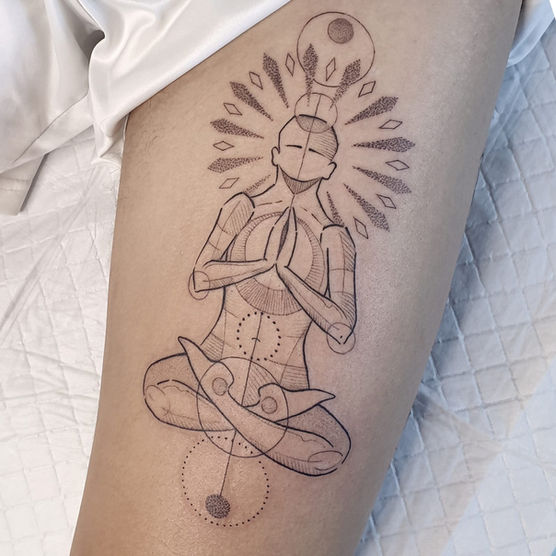 Custom tattoo of geometric meditating man design by Garth Staunton