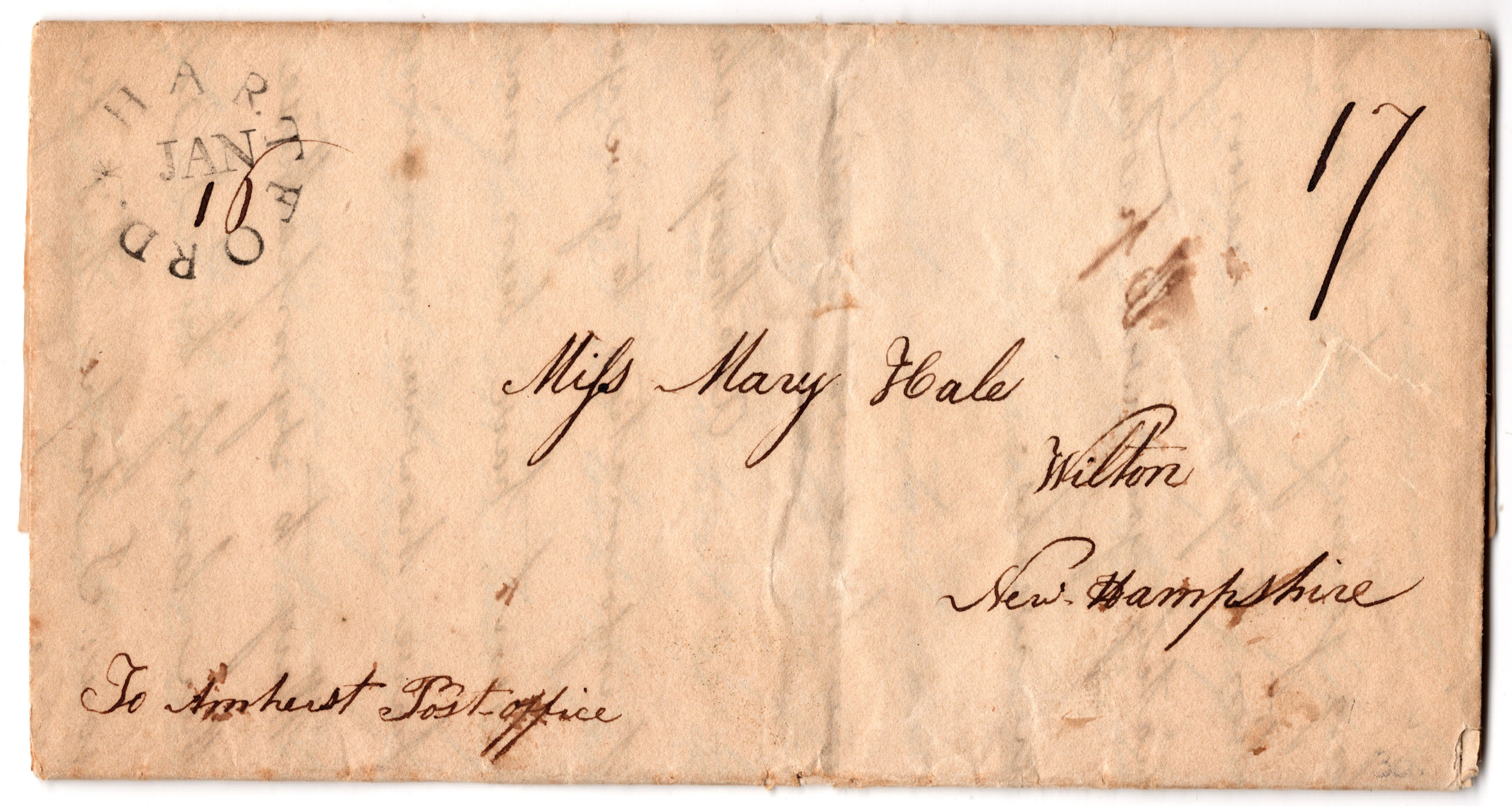 Folded letter from Hartford, CT to Wilton, NH - Jan 13th, 1808
