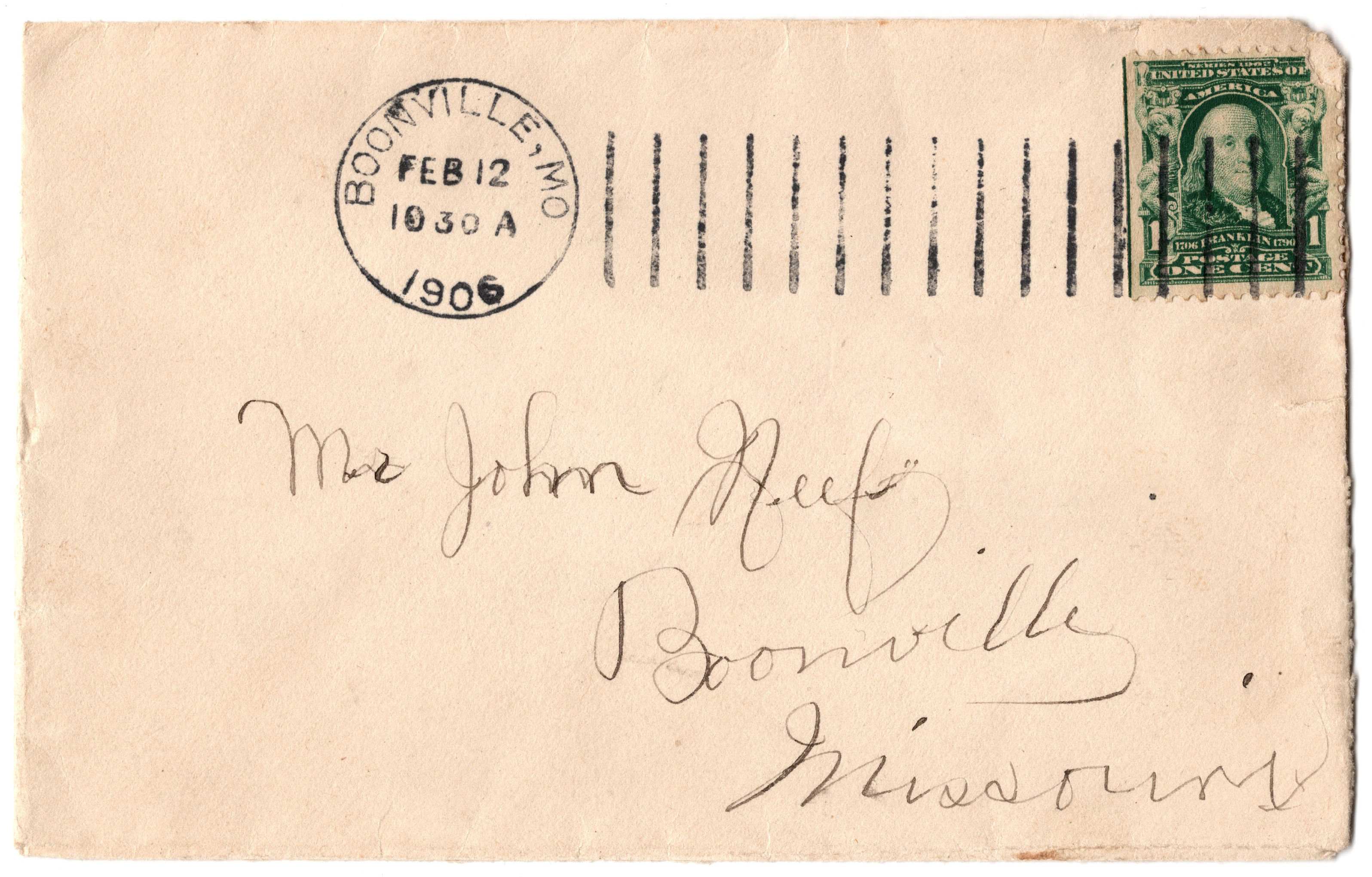 Doremus machine cancel on cover from Boonville, MO - 1906