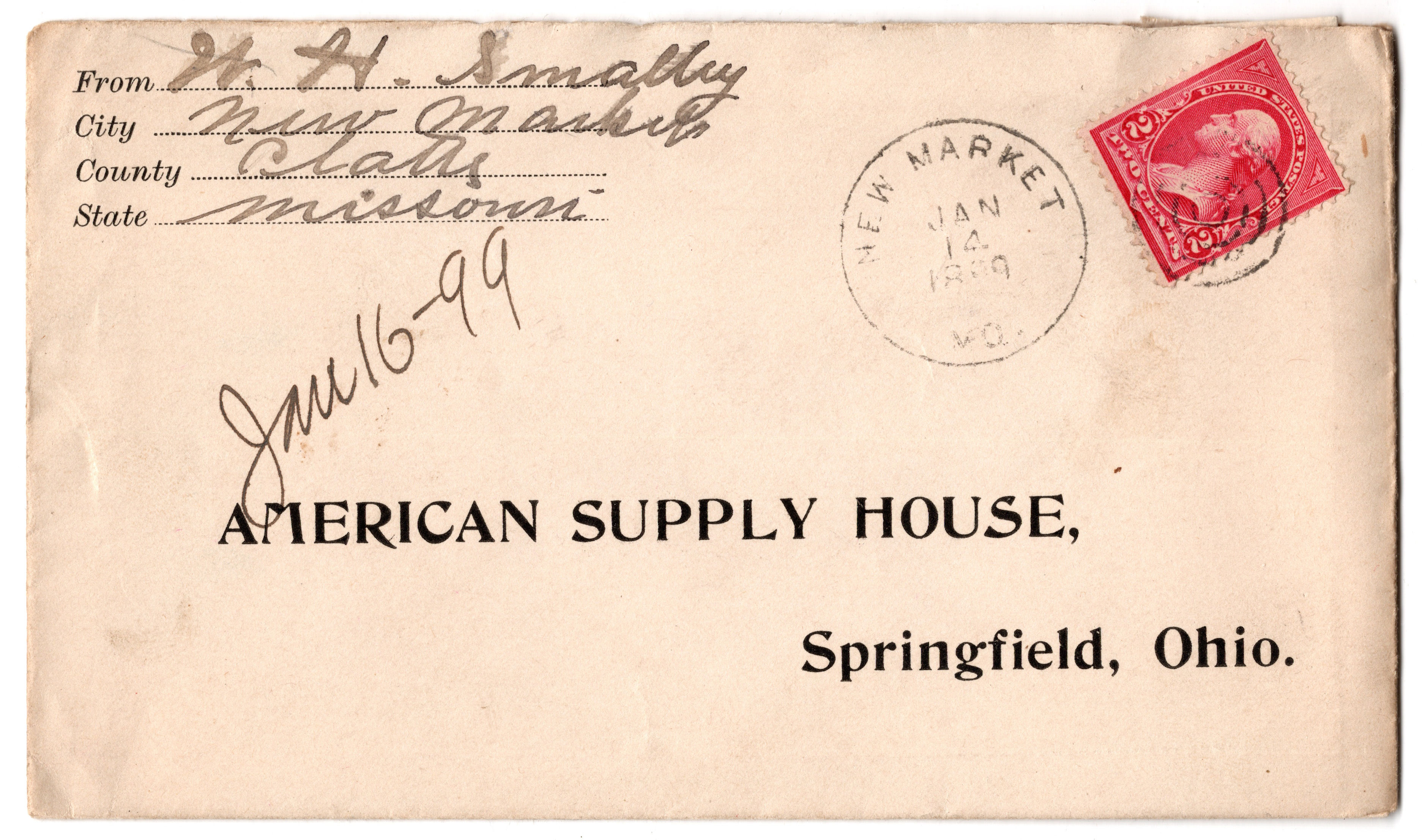 New Market, MO - 1899 - with content on company stationery - MO DPO