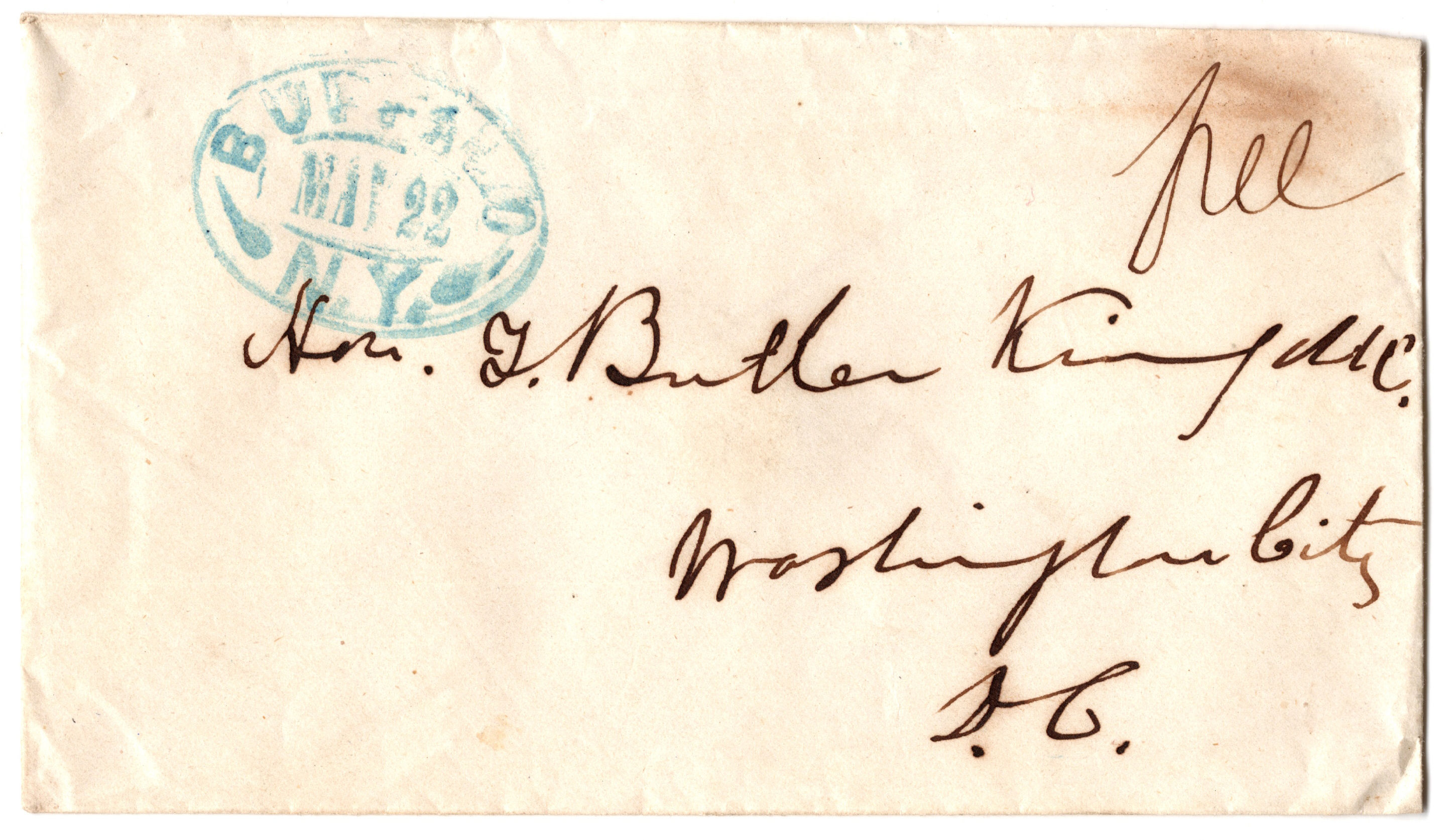 VF - 32mm x 23mm Buffalo, NY oval postmark (san-serif with fleurons) in blue ink