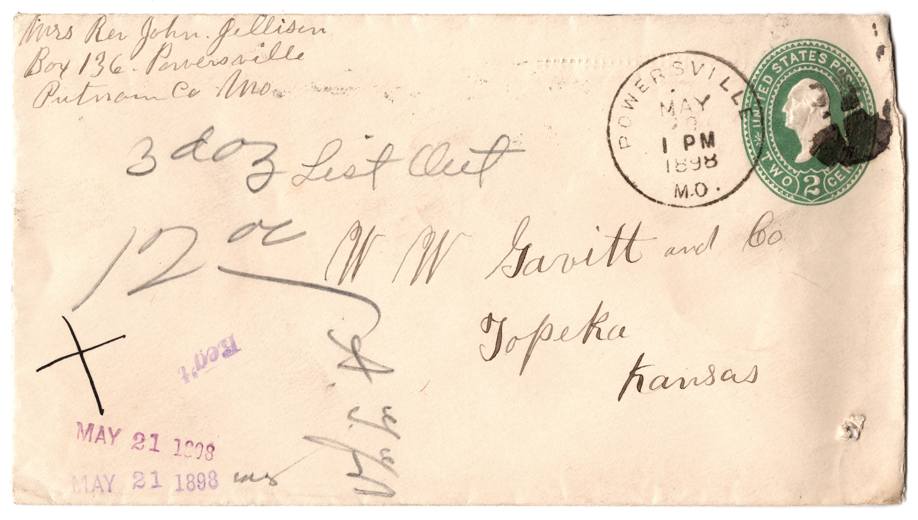 Powersville, MO duplex handstamp - on U311 postal stationery - 1898