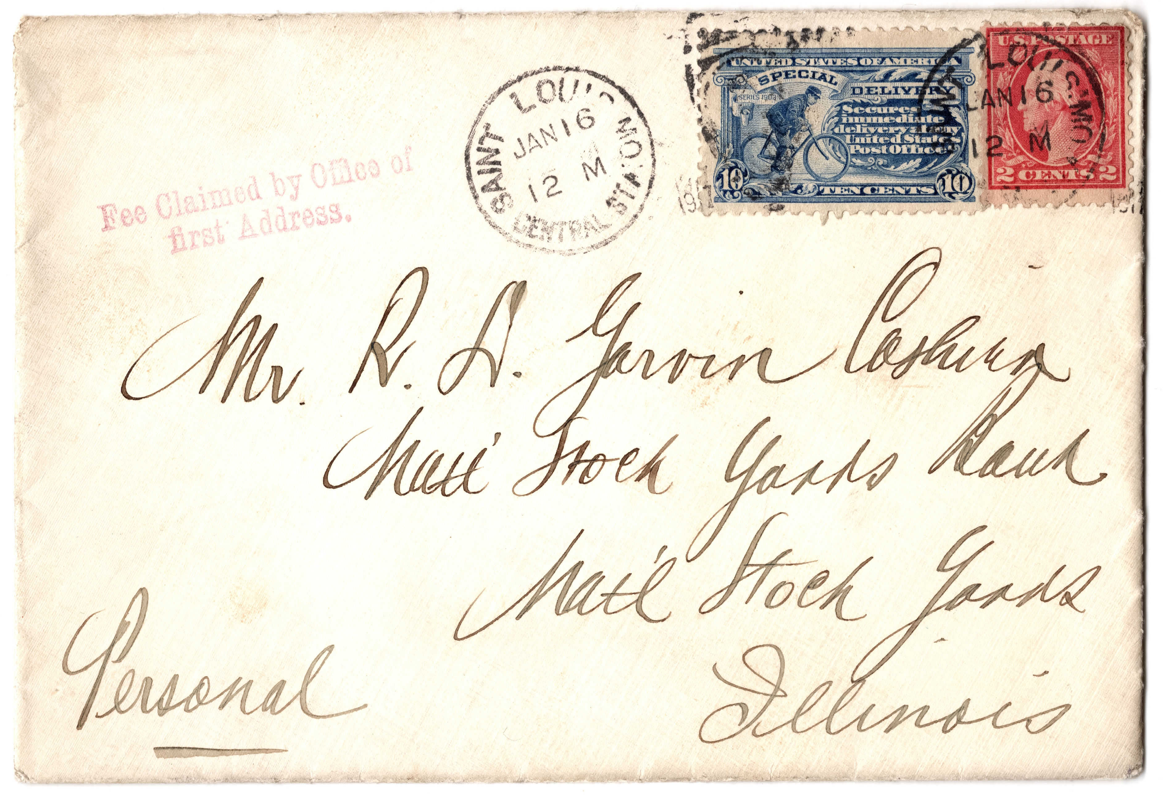 St. Louis Central Station duplex handstamp - Nat'l Stockyards, IL rec'd marking
