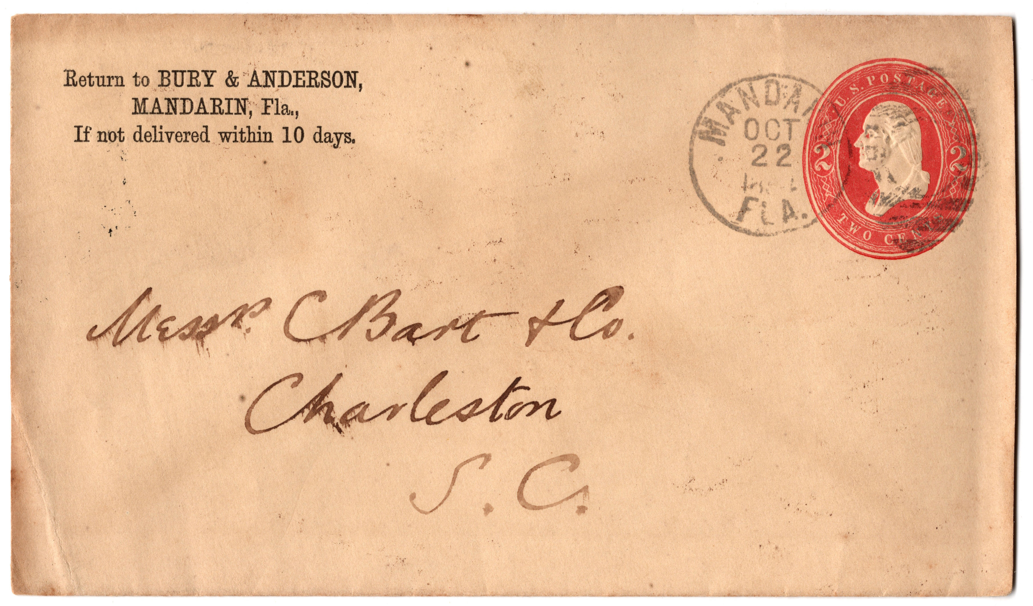 Mandan, FL CDS on scarce postal stationery - late 1880s, possibly 1886