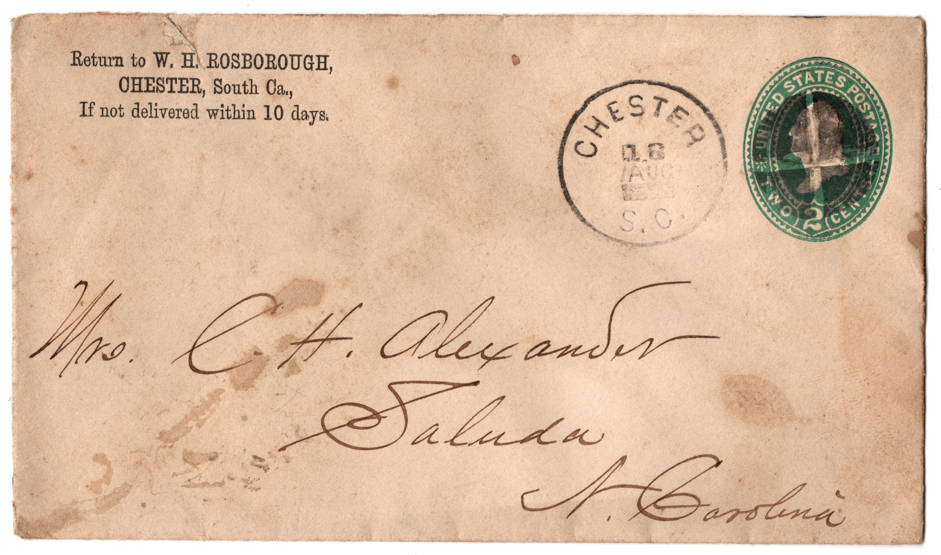 Chester, SC CDS on postal stationery U311 - Fine crossroads killer