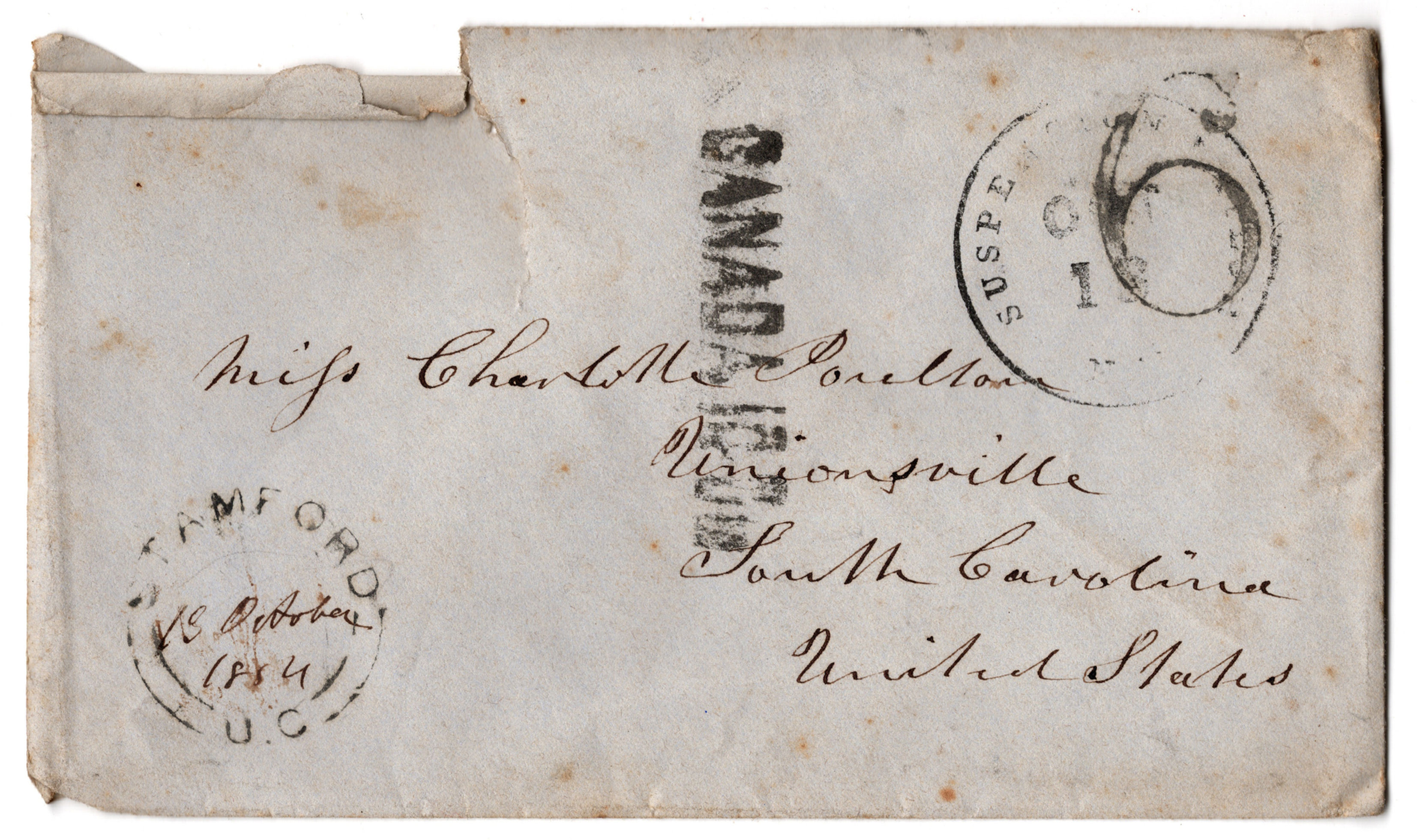 Civil War suspended mail marking on Stamford, Upper Canada cover - 1864