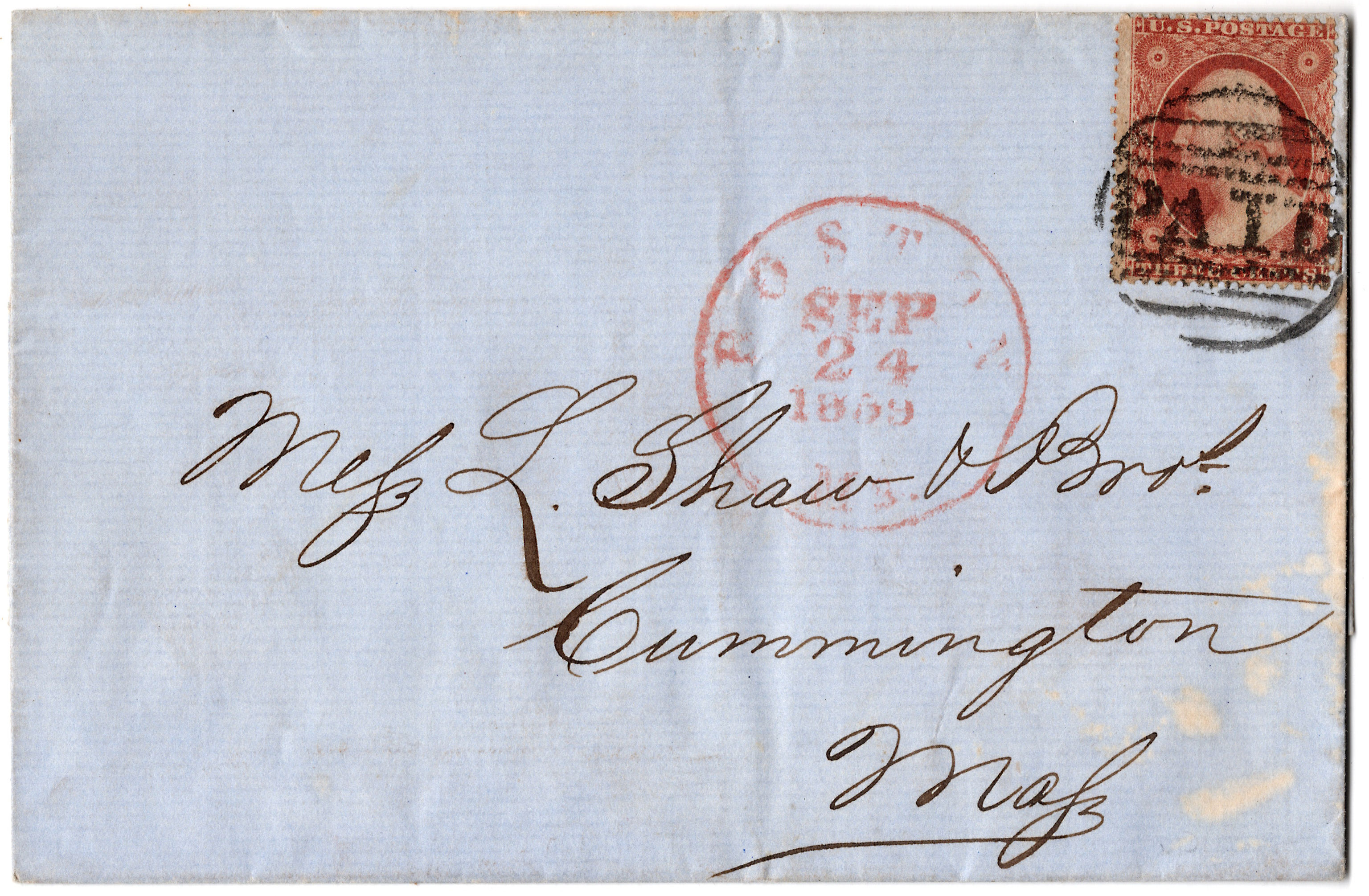 A splendid Boston "PAID" in a circular grid- 1859