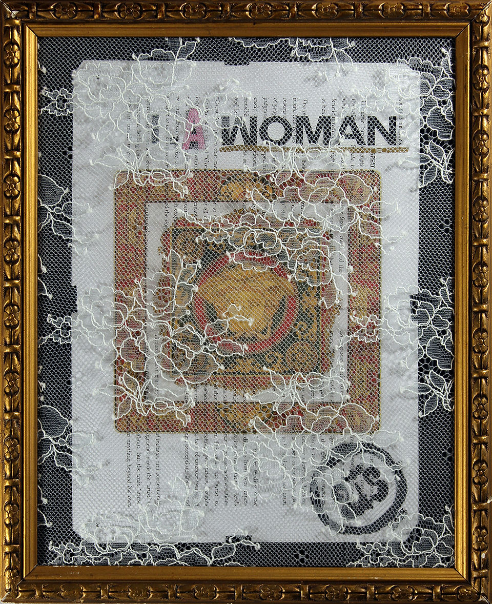 SCUM, 2015, inkjet on book page, offset print, ink, pencil, lace, vintage frame, 27,0 x 33,0 cm