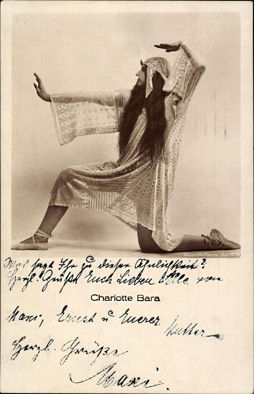 photo of Charlotte Bara in pose on postcard with handwritten annotation