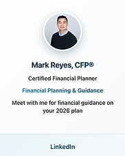Profile card for Mark Reyes, CFP®, offering financial planning guidance with a LinkedIn badge
