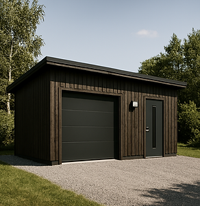 Garage med svart port och dörr, mörk träpanel, på grusinfart