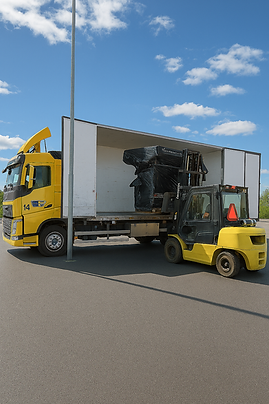 Lastbil med gaffeltruck som lastar