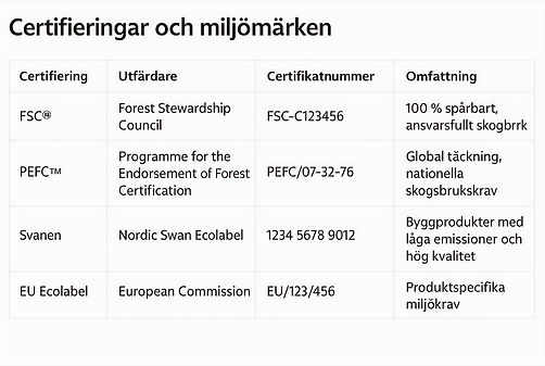 Miljöcertifikat som visar att företaget uppfyller internationella hållbarhetsstandarder.