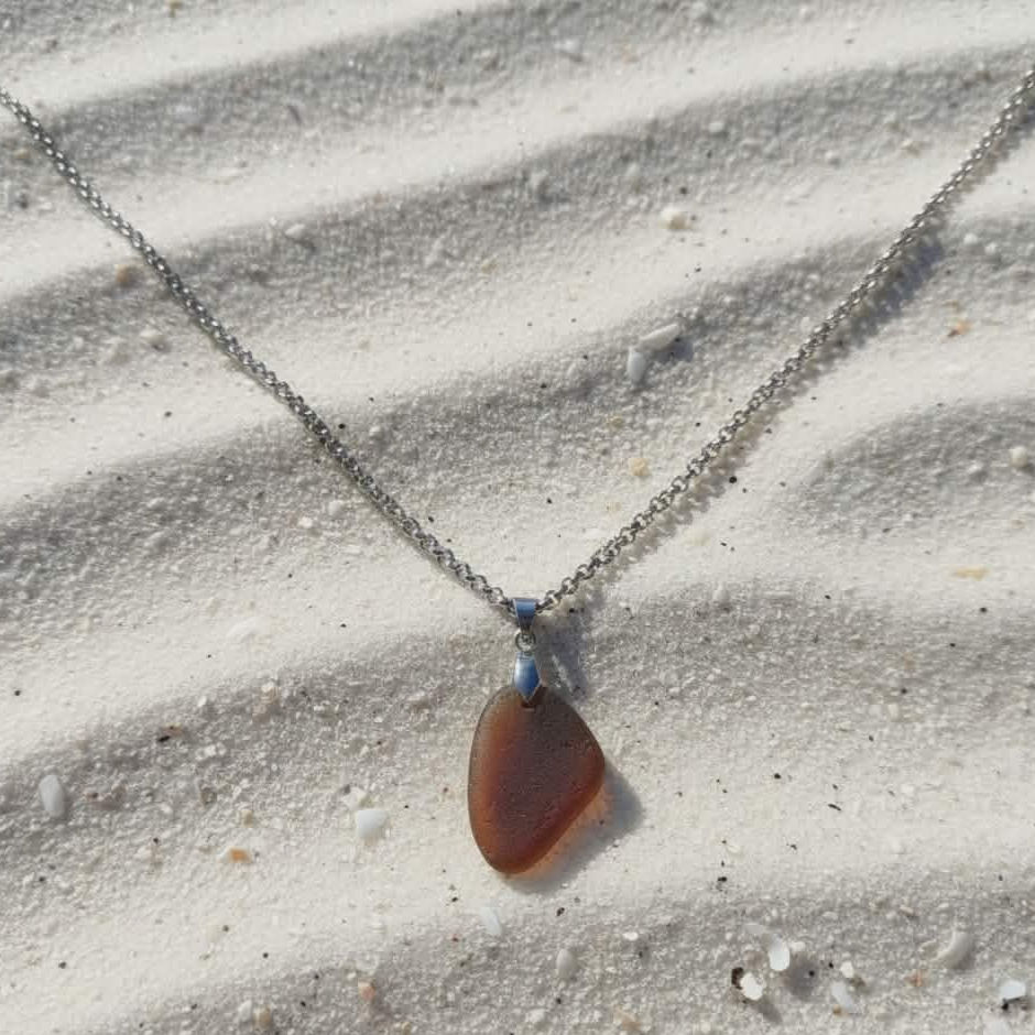 Thumbnail: Burnt Orange Sea Glass and Tarnish Free Stainless Steel Pendant Necklace | From seaformstudio.com.au