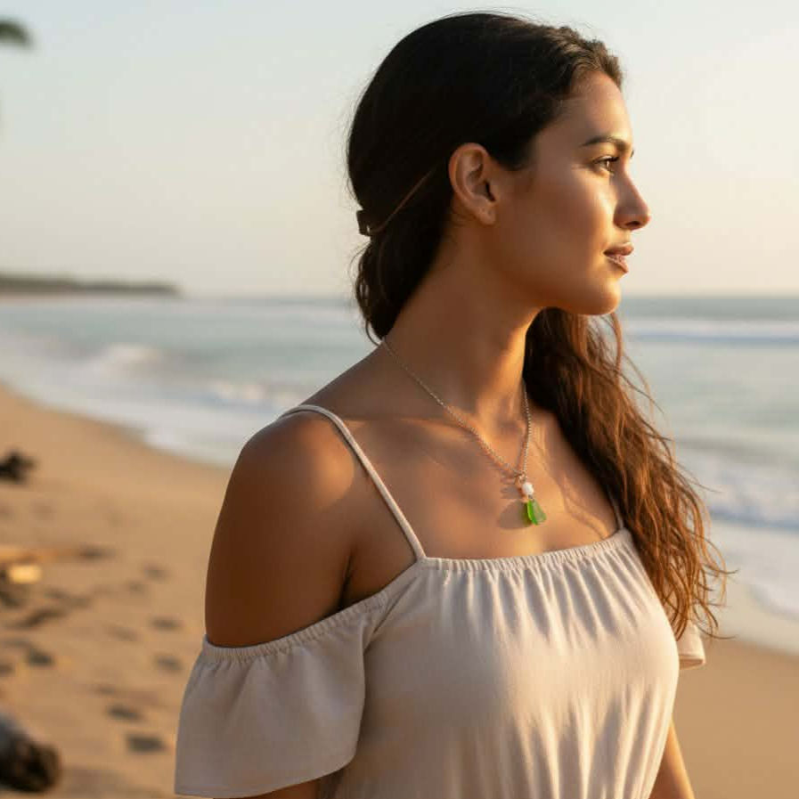 Thumbnail: Green Sea Glass and Beads on Stainless Steel Pendant Necklace | From seaformstudio.com.au