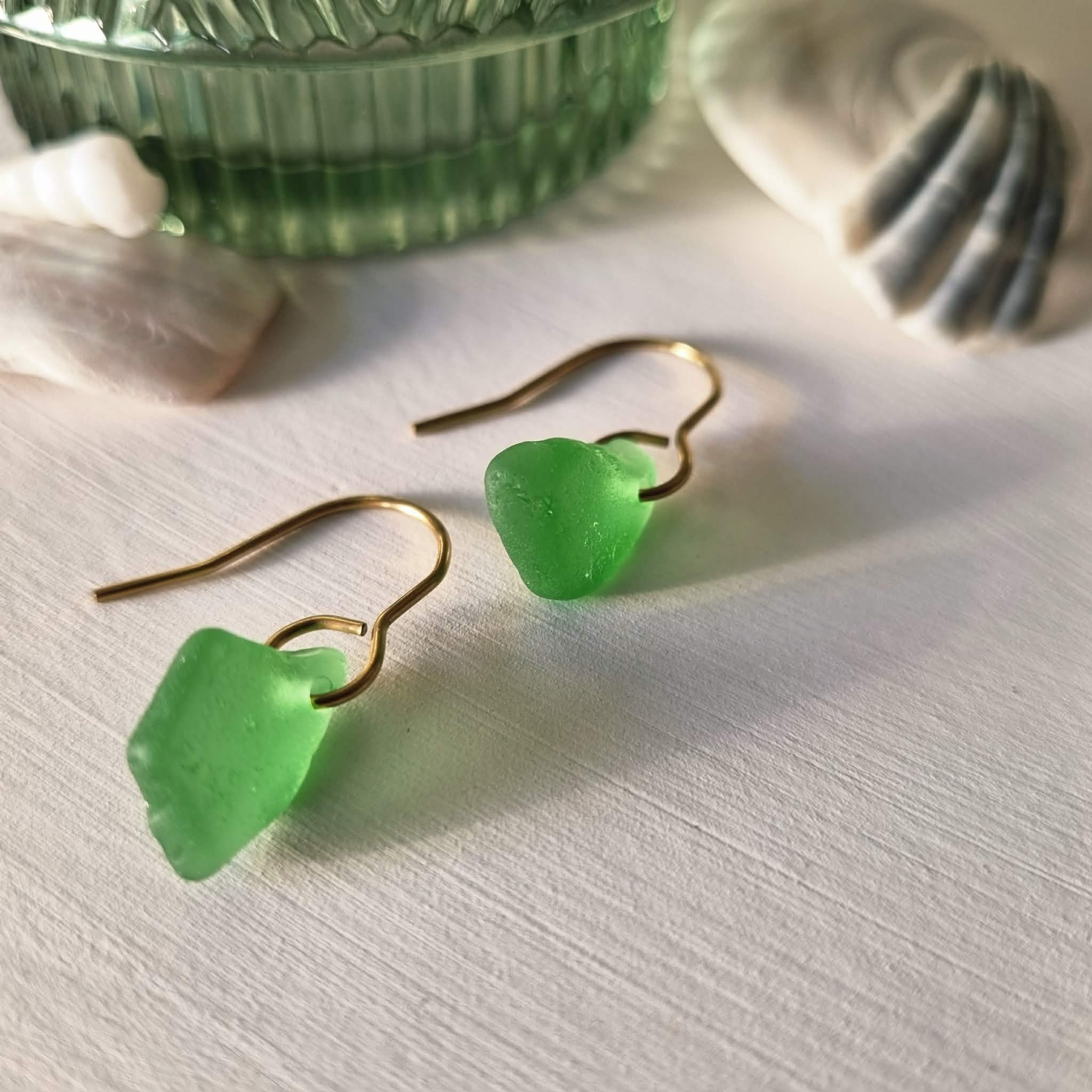 Kiwi Green Sea Glass Gold Pendant Earrings