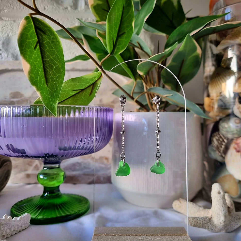 Thumbnail: Kiwi Green Sea Glass & Polished Steel Drop Earrings