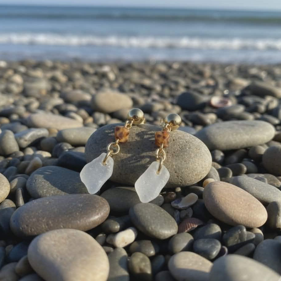 Thumbnail: Glacier White Sea Glass & Bicone Beads PVD Gold Drop Studs