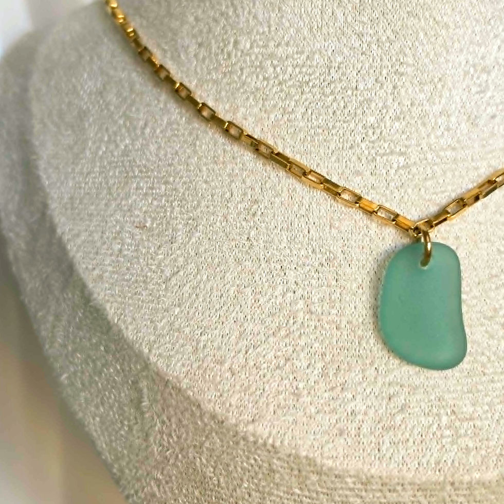 Thumbnail: Smoky Teal Sea Glass & Gold Box Chain Necklace