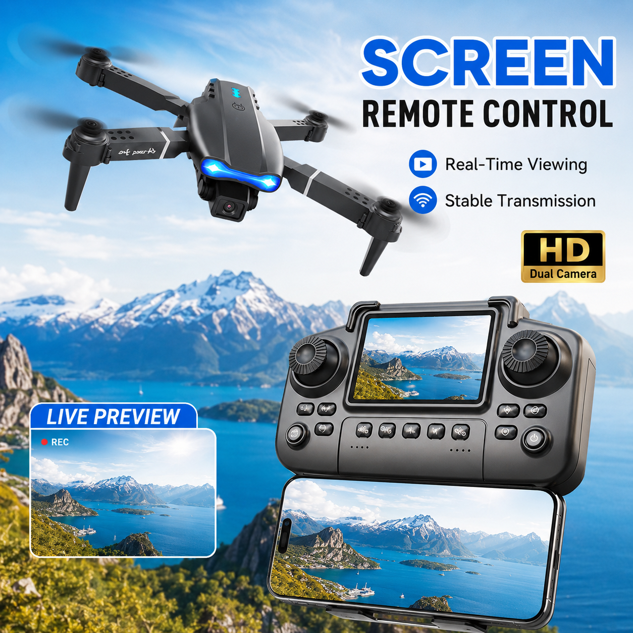 ZNLYRION 4K RC Drone with Screen Remote Control Dual Camera Optical Flow Positi