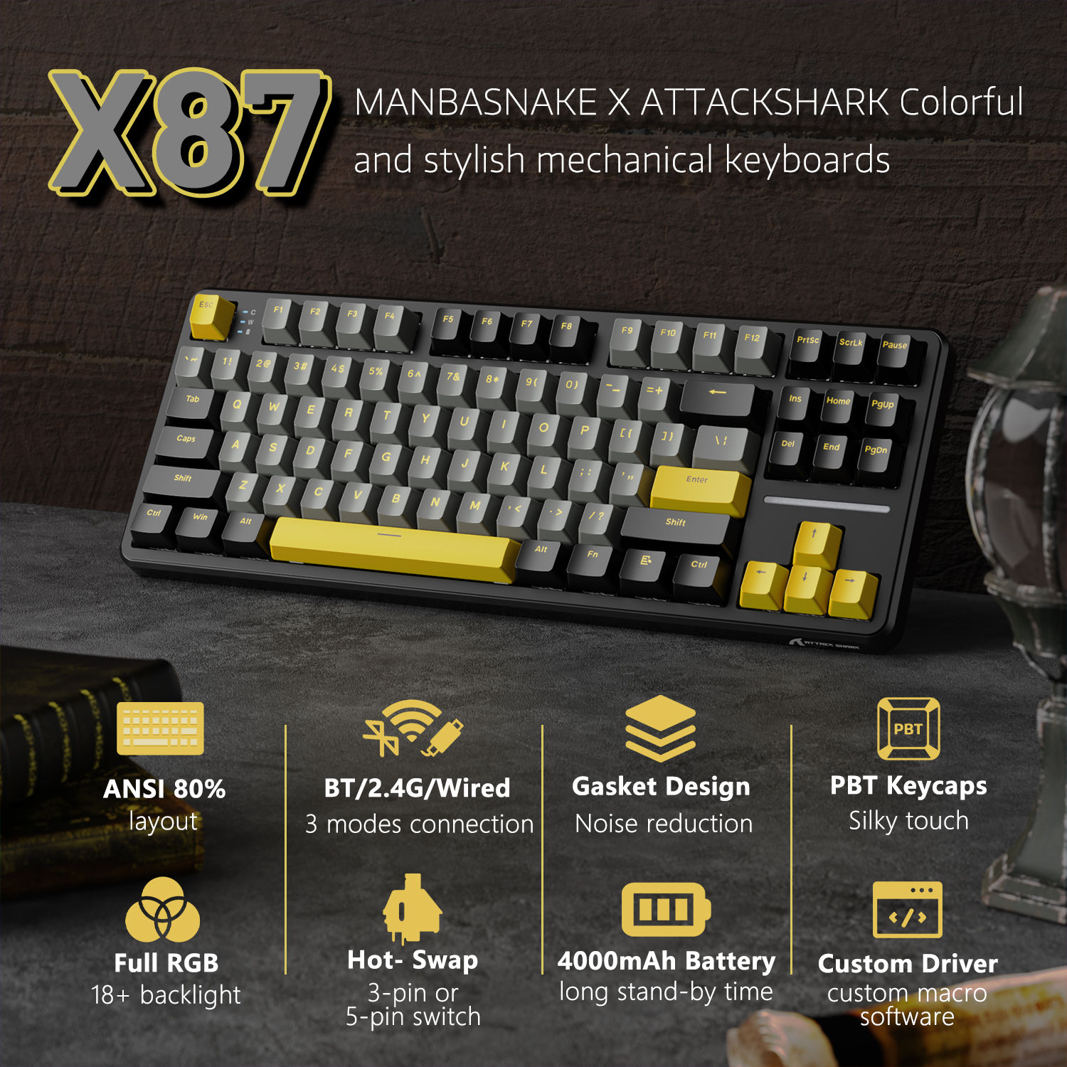 ATTACK SHARK X87 Wireless Mechanical Gaming Keyboard, Tri-Mode BT5.0/2.4GHz/USB-
