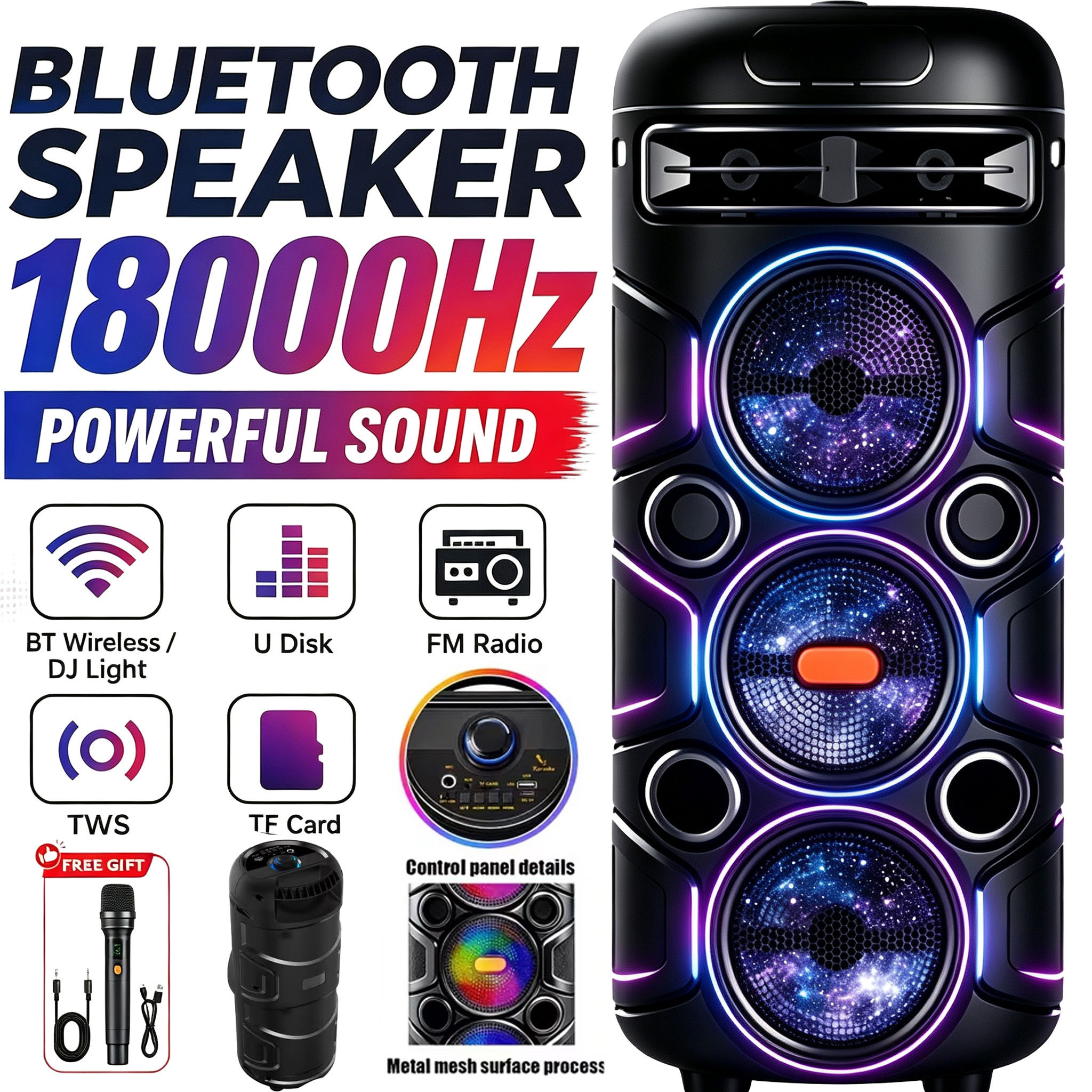 Portable wireless Bluetooth speaker with microphone and multi-mode colorful ligh