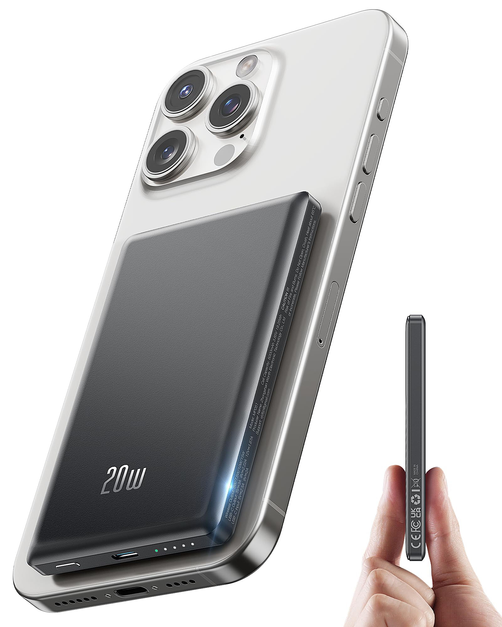 5000mAh Magnetic Power Bank, Wireless & 20W Fast Charger, for iPhone, Samsung (T